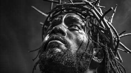 Wall Mural - A close-up, black and white photograph of a Black Jesus Christ, looking up towards the sky, wearing a crown of thorns