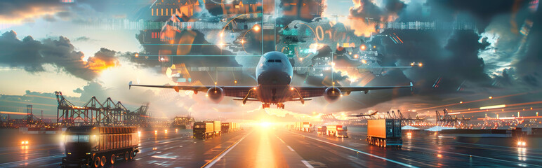 An airplane descends towards a busy port city at sunset, surrounded by cargo trucks and ships, representing the global network of cargo transportation