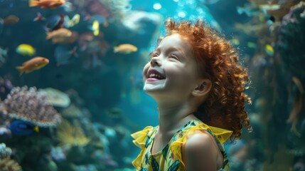 The joyful girl in aquarium