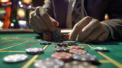 A player focuses intently on the roulette table, carefully placing chips on the green felt, hoping for a lucky spin