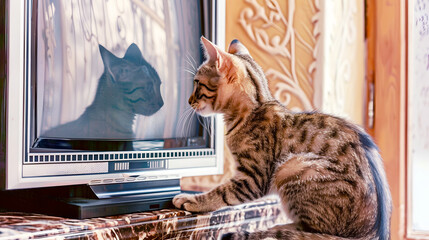 Wall Mural - A tabby cat sits in front of a TV screen, curiously staring at his own reflection on the screen