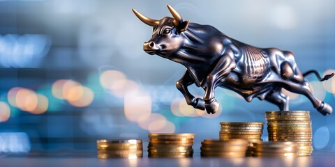 Wall Mural - Metal bull statue jumping on coin stacks against data backdrop symbolizing investment. Concept Investment Strategy, Financial Growth, Stock Market Trends, Wealth Management, Data Analysis