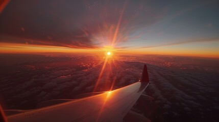 Poster - Sunset and airplane wing view from inside the cabin