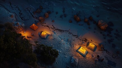 Poster - A captivating aerial view of a beach at night with a string of lanterns illuminating the waters edge, creating a magical atmosphere under the cover of darkness AIG50