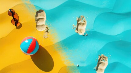 Wall Mural - A beach ball and sunglasses are lying on the sandy shore, creating a colorful contrast against the landscape. Its a pictureperfect scene for leisure and recreation AIG50