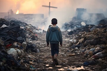 A boy walking along with pile of trash pollution garbage architecture.