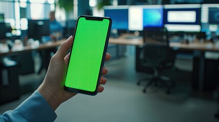 Mockup of mobile phone for advertising. Mockup of male hand holding and using smartphone with blank green screen for mobile app design or text message advertisement.