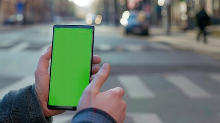 Mockup of mobile phone for advertising. Mockup of male hand holding and using smartphone with blank green screen for mobile app design or text message advertisement.