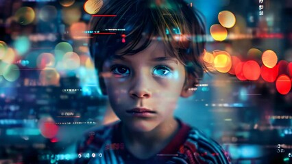 Portrait child with digital code overlay, ai learning, data and technology future, digital tech education, cybersecurity and digital marketing