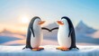 © Preeyanuch - Two penguins holding hands on ice with a sunset in the background.