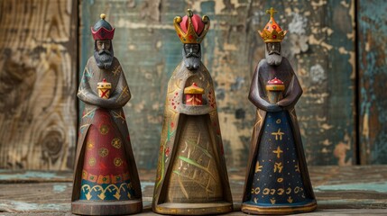 Three wise men holding gifts for Jesus, depicted as wooden dolls, rich colors and detailed textures, concept for Epiphany celebration