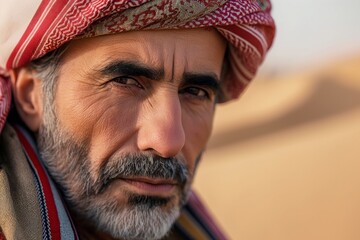 Wall Mural - Wise Desert Elder - Close-up of an older man with a gray beard and traditional headscarf, looking thoughtfully in a desert setting. Perfect for themes of wisdom, culture, and heritage.