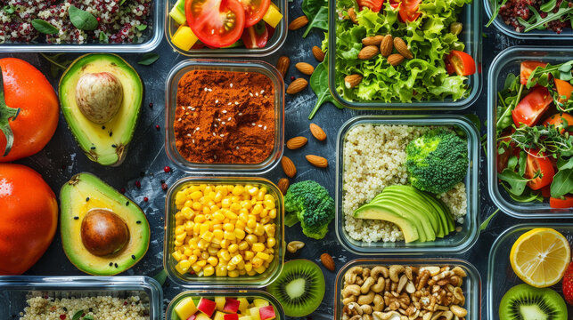 Fresh red, green vegetables like tomatoes,avocado  and beans are in the containers, ready for a delicious and healthy meal