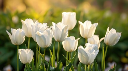 Wall Mural - White tulips blooming against a warm backdrop in spring Close up of white tulips growing in the Liliaceae family