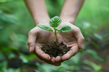 Wall Mural - A close-up photo of human hands gently cupping a small seedling, showcasing its delicate green leaves and a clump of soil, set against a backdrop of vibrant green foliage