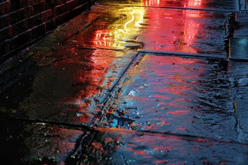 Wall Mural - A close-up view of a wet city alleyway, the pavement reflecting vibrant neon lights in hues of red, orange, and yellow