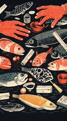Wall Mural - Many hands table sushi drawing animal fish.