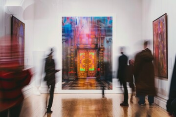 An AI-generated door artwork is showcased in an art gallery, attracting attention from visitors