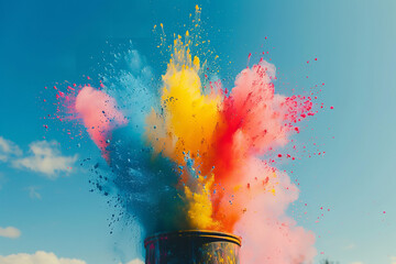 Wall Mural - Explosive Burst of Colorful Powder from Drum Under Clear Sky  