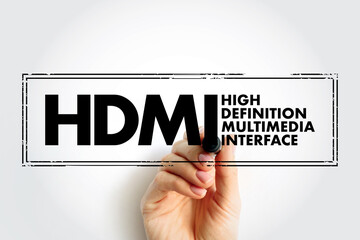 Aufkleber - HDMI High Definition Multimedia Interface - connection method that combines both uncompressed audio and video into a single digital interface, acronym text concept stamp