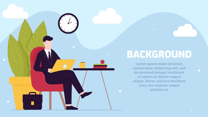 A man works or studies on a laptop or tablet. Vector background