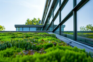 Wall Mural - A green roof on a modern office building, with a close-up view of the lush vegetation