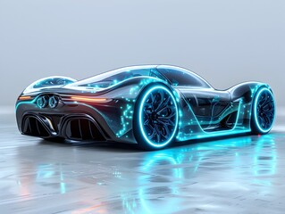 Poster - Sleek Futuristic Neon Glass Car Hovering Above Cyberpunk Style Backdrop