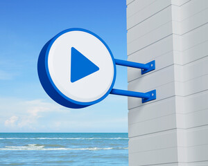 Wall Mural - Play button icon on hanging blue rounded signboard over tropical sea and sky, Business music online concept, 3D rendering