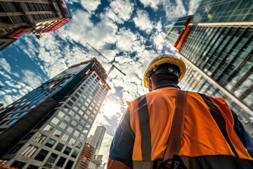 Wall Mural - Construction worker in hard hat and safety vest gazes up at towering skyscraper under construction, illuminated by bright sun