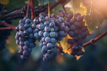Wall Mural - Close-up photograph of ripe wine grapes hanging on vines, bathed in warm evening light