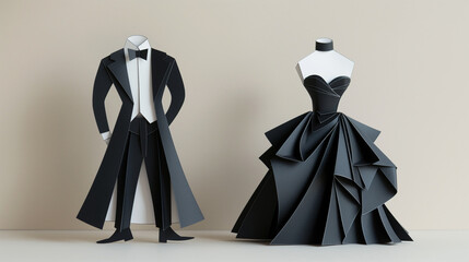 Wall Mural - two paper cut-outs of a tuxedo and a strapless gown.