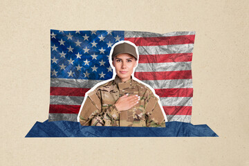 Composite collage image of female soldier touch chest national independence america day fourth july concept weird bizarre unusual fantasy