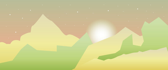 Flat illustration. Mountain landscape. Cartoon style. Meadows, forest, picturesque, mountains on the background of the horizon. Perfect for screensavers.