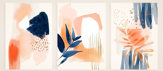 Poster - Abstract modern print set watercolor Illustration and gold elements, on white texture background