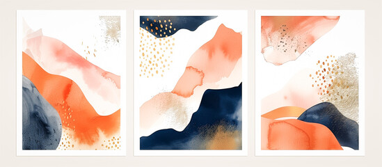 Canvas Print - Abstract modern print set watercolor Illustration and gold elements, on white texture background