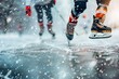 © LightoLife - Close-up of hockey skates in motion on a snowy outdoor ice rink, with players in the background gearing up for a game.
