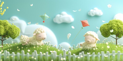 3d cartoon style, photographic background for children, green hills with small flowers, the sky is blue and there are small white clouds, light delicate, pastel colors, 2:1, landingpage