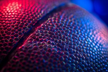 Macro close-up of a basketball surface with vibrant blue and red lighting, highlighting texture for sports background or design concept.