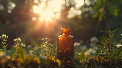 Wall Mural - A supplement bottle in a nature setting, warm tones, nature,