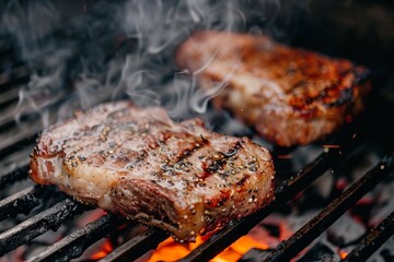 Poster - A piece of meat is being cooked on a grill