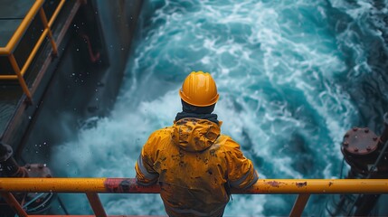 Poster - Worker Overseeing Turbulent Water Flow. Worker in a yellow jacket and hard hat looks down at turbulent water flow at a hydroelectric power plant.