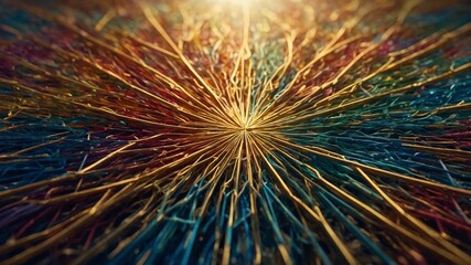 Poster - Radiant array of lines emanates from central point, creating burst of color that resembles abstract sun. Lines vary in hue, transitioning smoothly from warm golds, reds at center to cool blues.