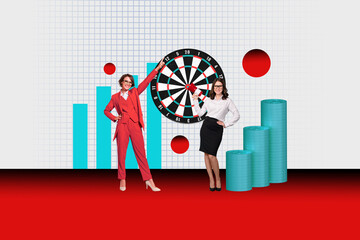 Poster - Composite trend artwork sketch image photo collage of two young woman office worker manager gambling roulette earn money dollar coins usd