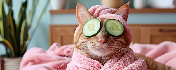 Poster - Against a minimalist backdrop, a cat enjoys a spa treatment, complete with cucumber slices on its eyes and a soft bathrobe and turban. The serene scene captures the essence of beauty procedures and