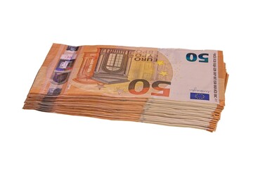 Closeup of stack of 50 euro notes.