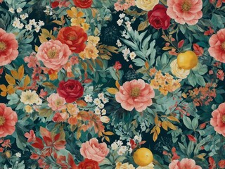 Poster - Amidst dark backdrop, vibrant tapestry of flowers, fruits unfolds. Red roses, pink blooms, yellow fruits intermingle with white flowers, lush green leaves.