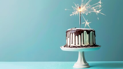 Sticker - Delicious chocolate cake on a pedestal, topped with sparklers and dripping icing. Perfect for birthday celebrations and special occasions. Elegant, minimalistic style with blue background. AI