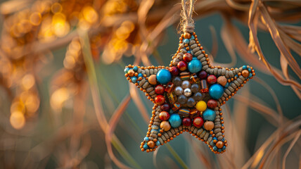 Beaded star ornament hanging from twine in natural setting.