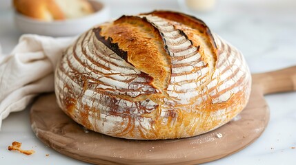 Close-up of artisanal sourdough bread with cracked crust and airy interior, highlighting its rustic and handmade quality