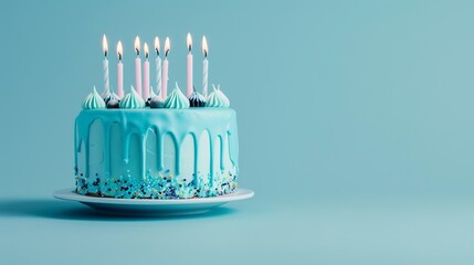 Sticker - Blue frosted birthday cake with candles on a minimalist blue background. Vibrant cake design perfect for birthday celebrations and special occasions. Great for food photography and party themes. AI